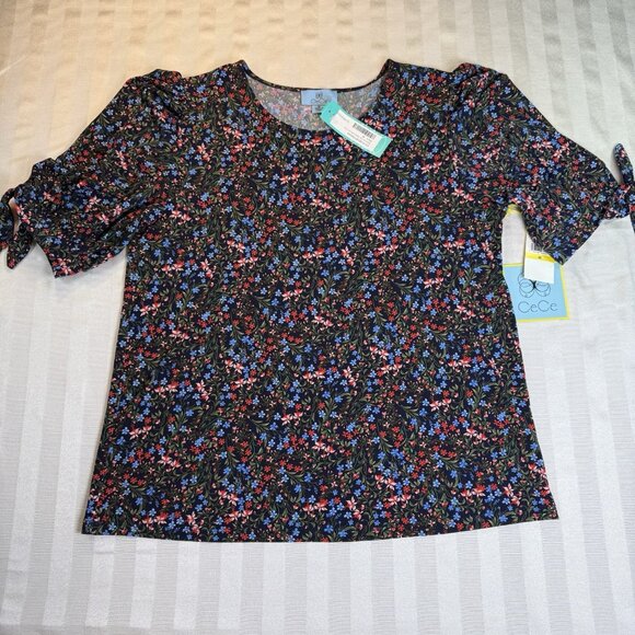 CeCe Floral Roman Tie Short Sleeve Knit Top Sz M NWT - Picture 5 of 12